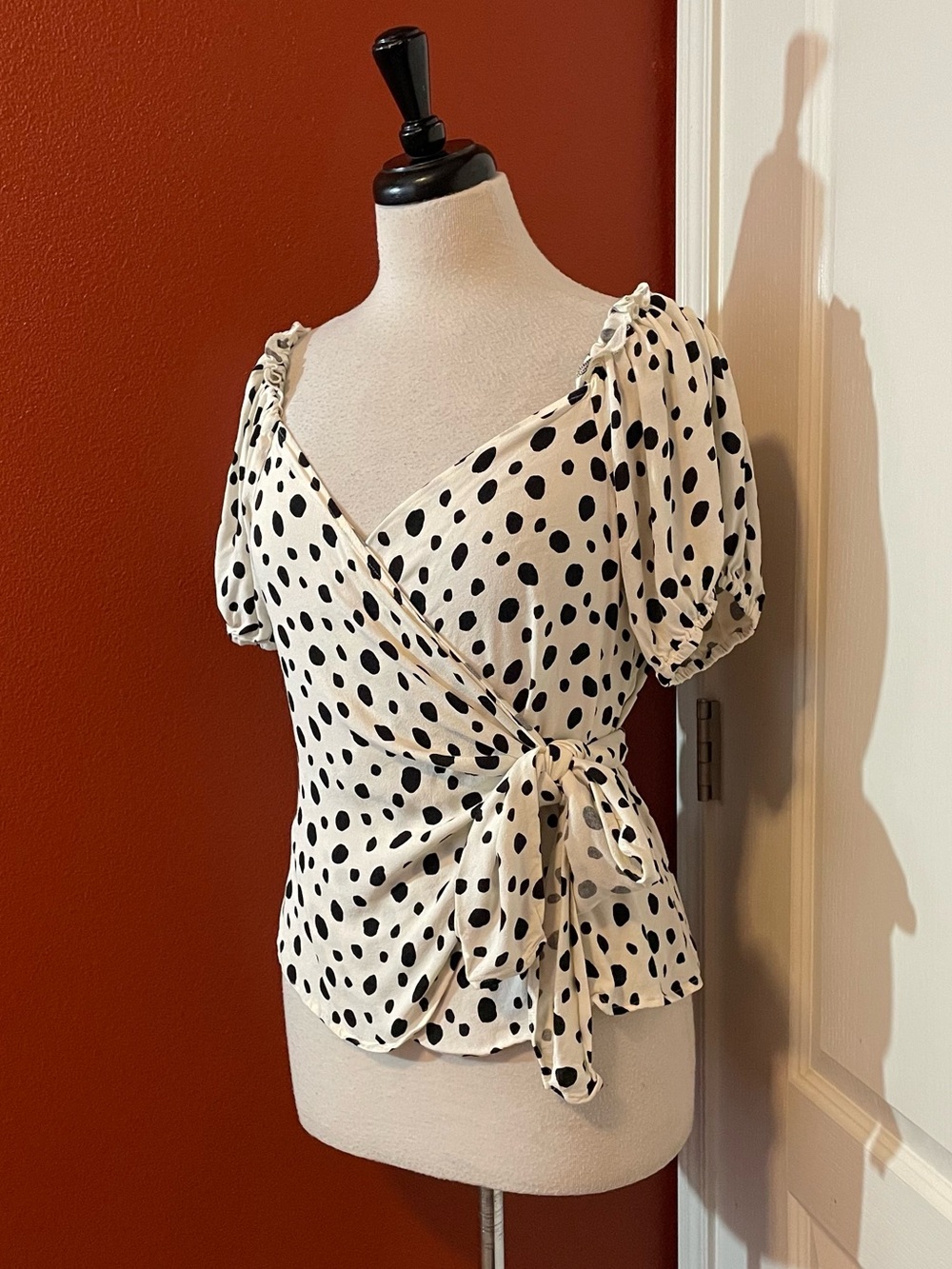 Reformation Women’s Lores Off Shoulder Wrap Tie Front Ink Blot Spot Top